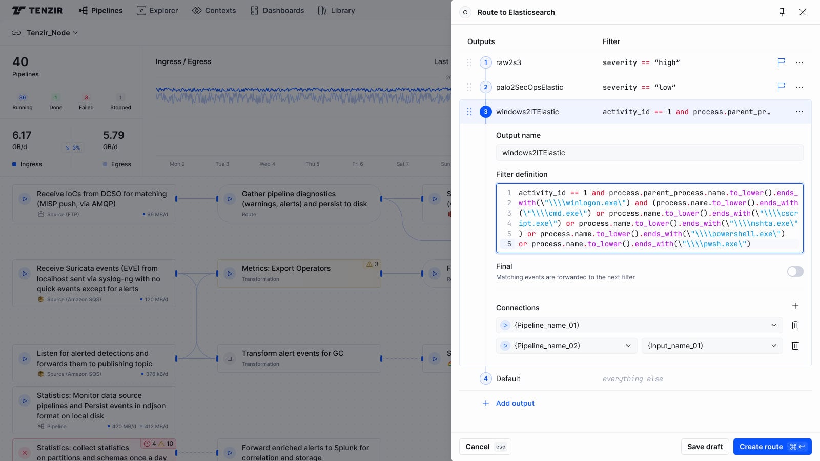 Tenzir visual pipeline builder with a route configuration panel