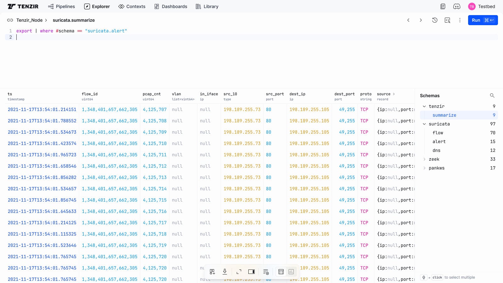 Tenzir Explorer running a TQL query on live security event data