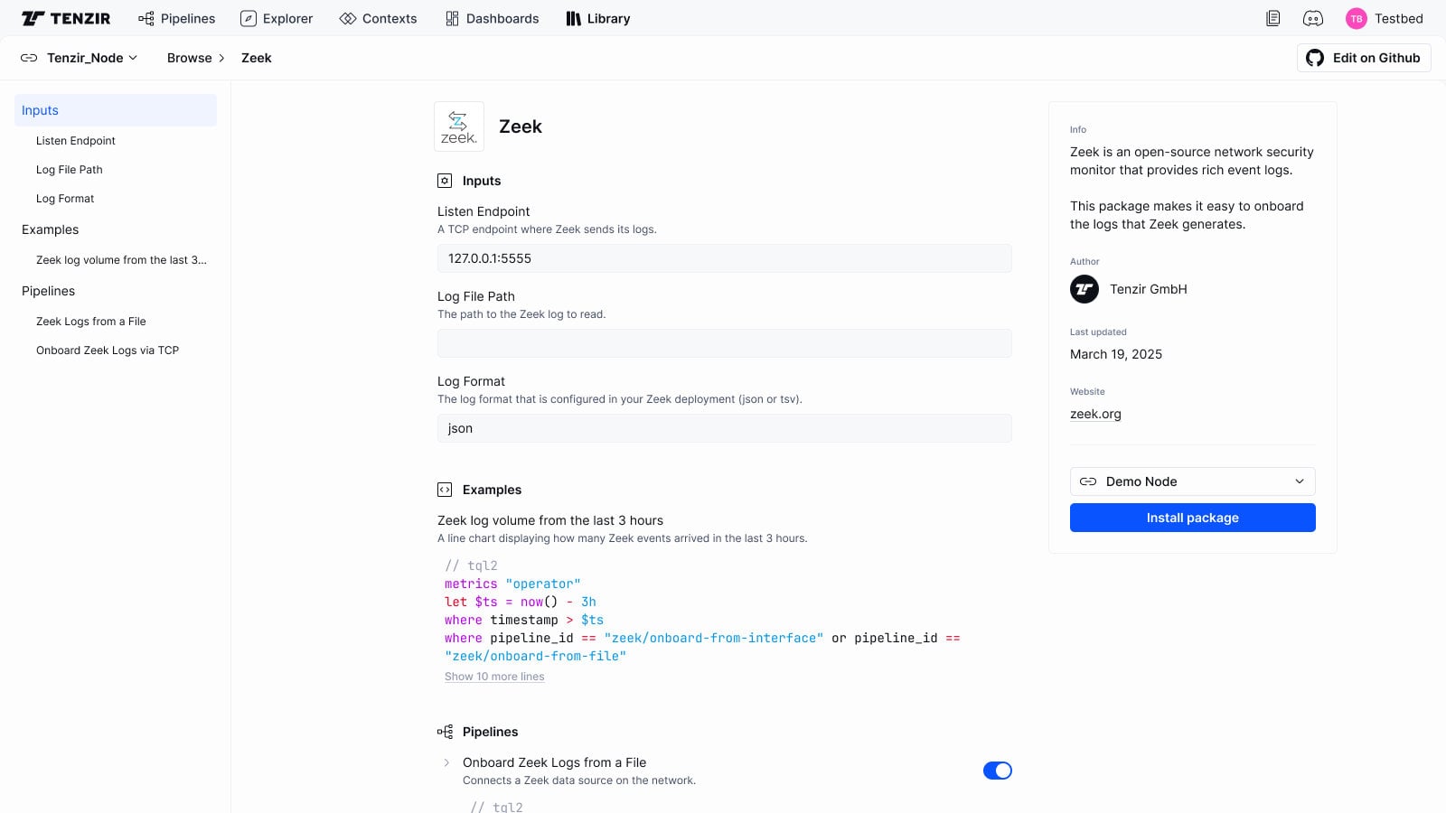 Tenzir package detail page with inputs, examples and pipelines