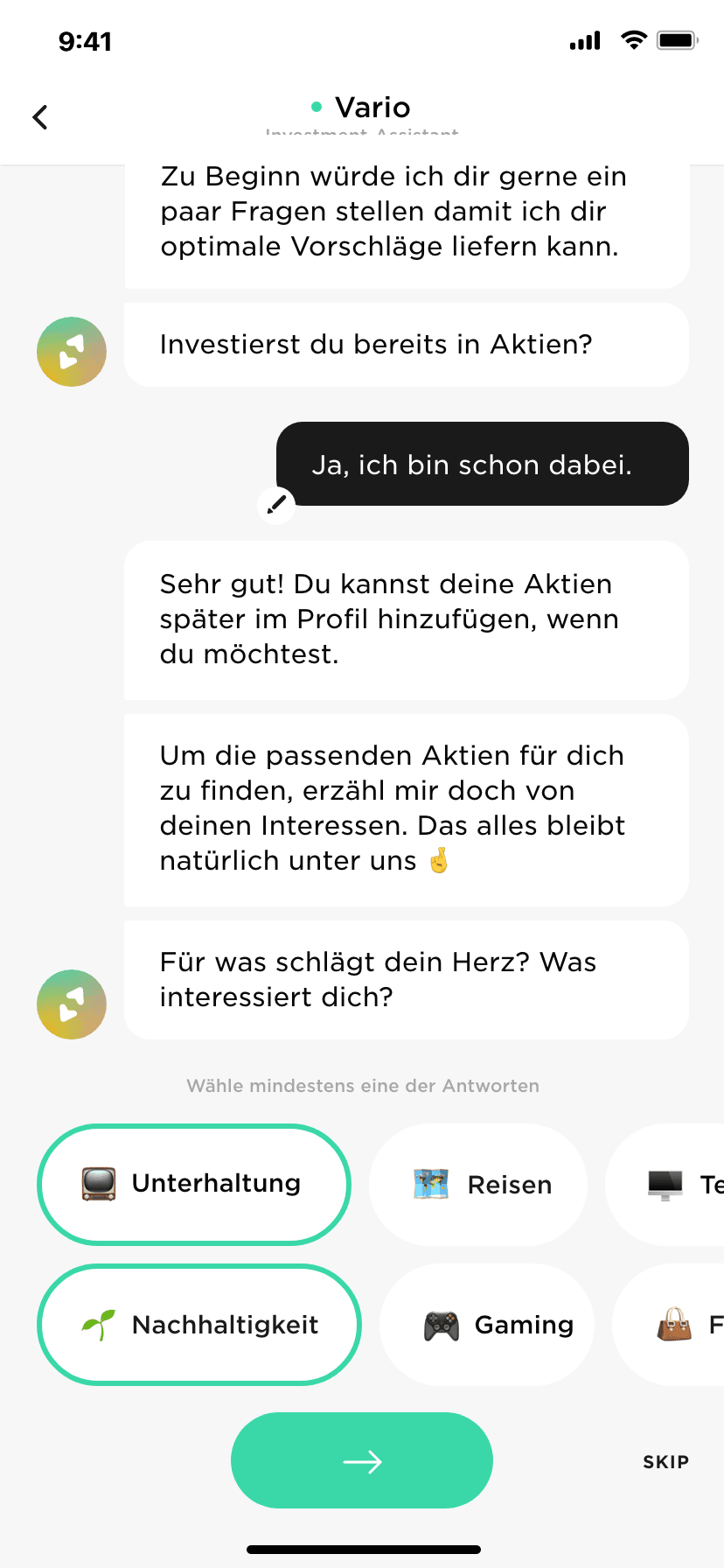 Vario app onboarding chat with interest selection