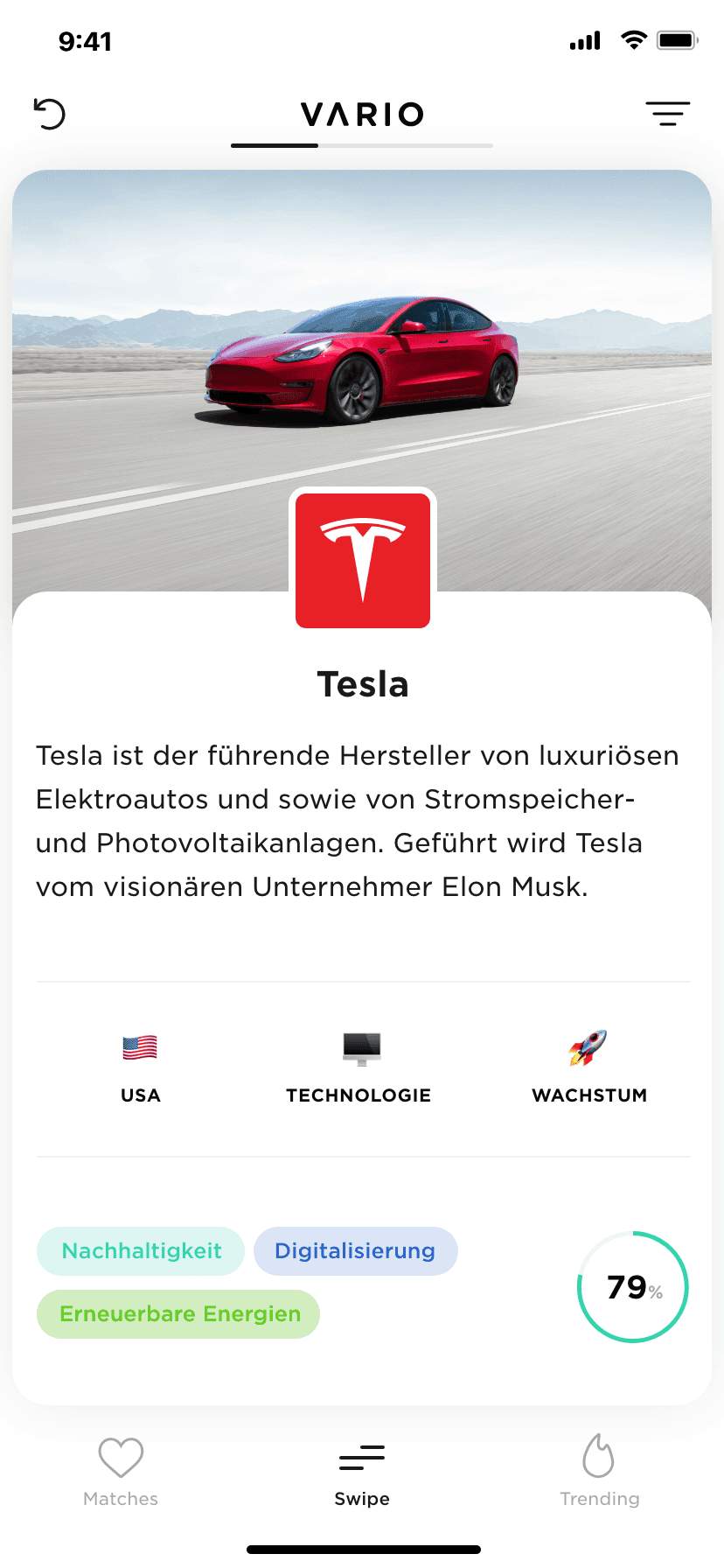Vario app swipe card for the Tesla stock with match score