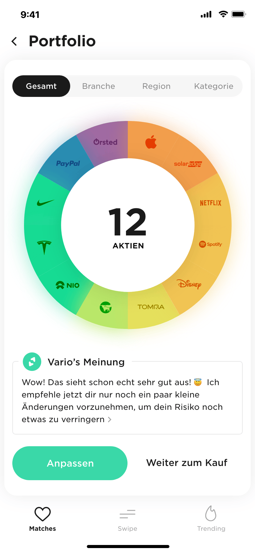 Vario app portfolio donut chart with twelve stocks
