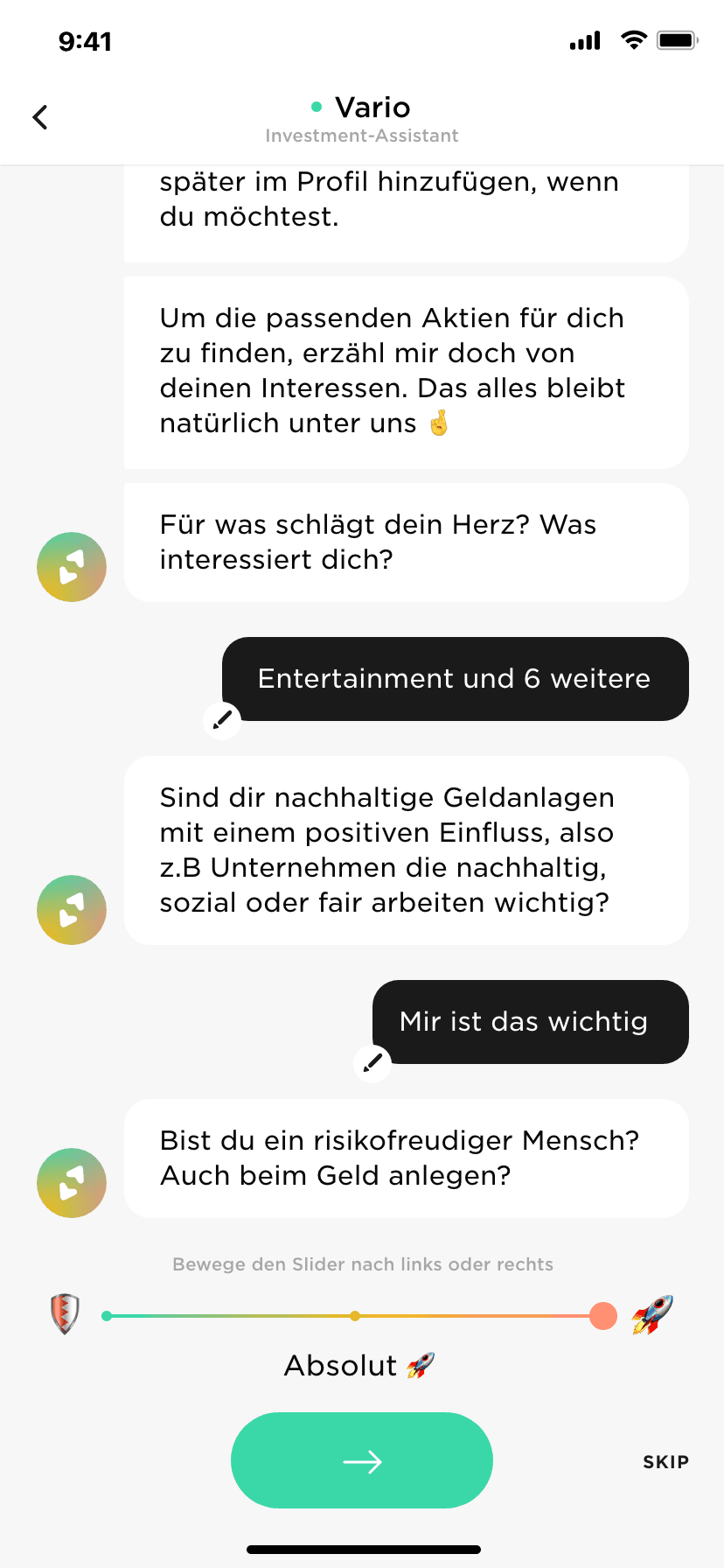 Vario app onboarding chat with the investment assistant