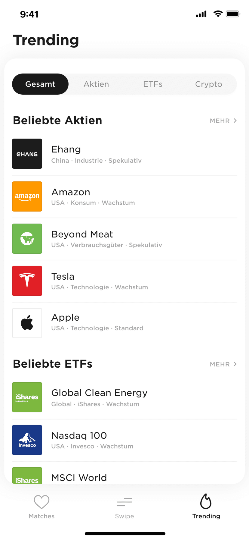 Vario app Trending screen with popular stocks and ETFs