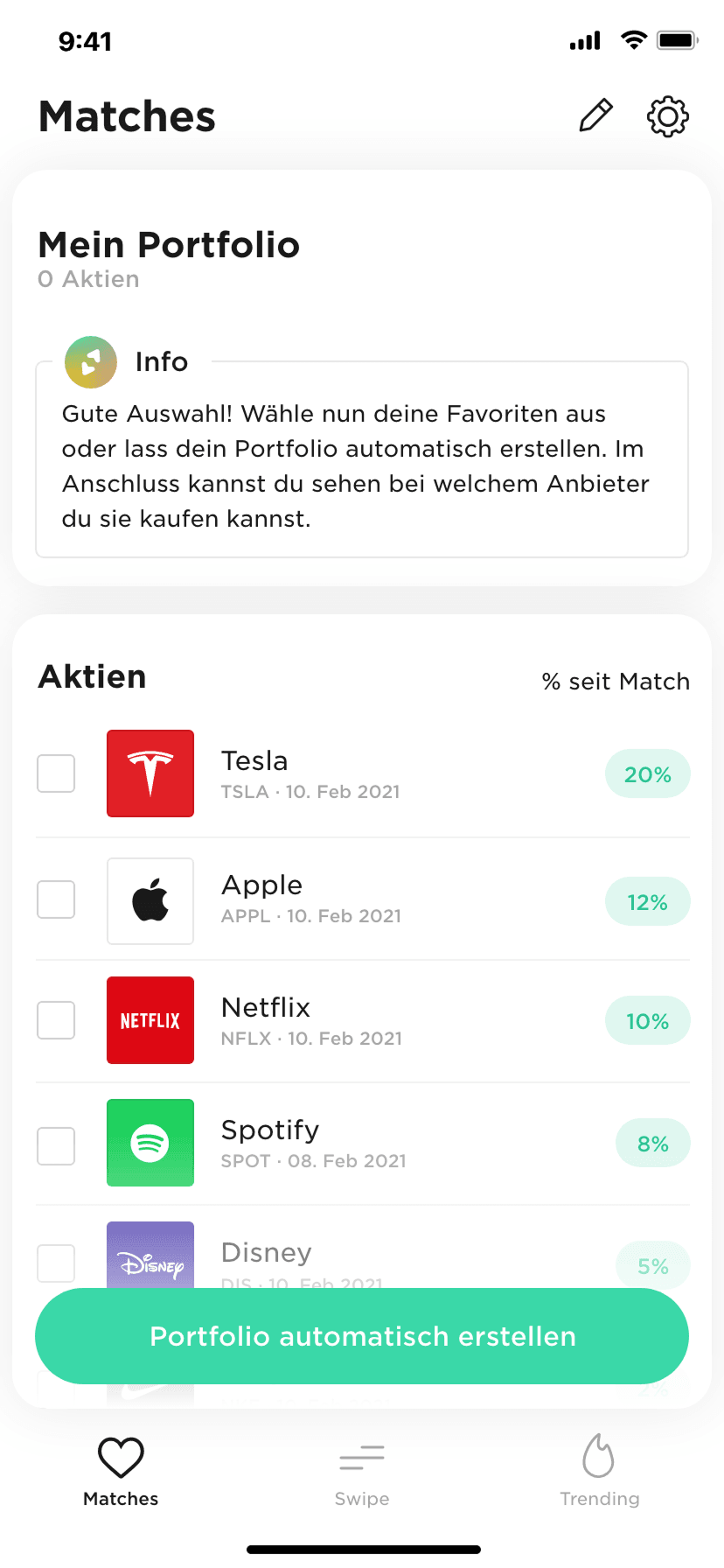 Vario app Matches screen with automated portfolio creation