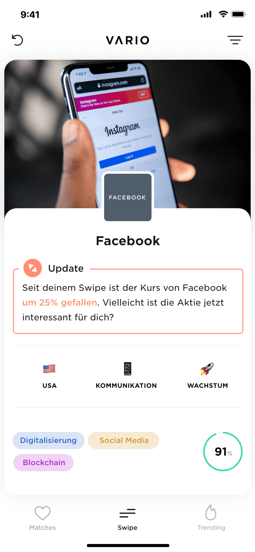 Vario app stock card for Facebook with a price update notice
