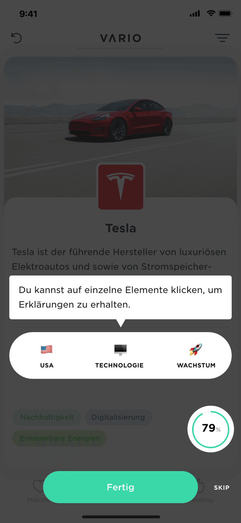 Vario app stock card with tooltip explaining tappable elements