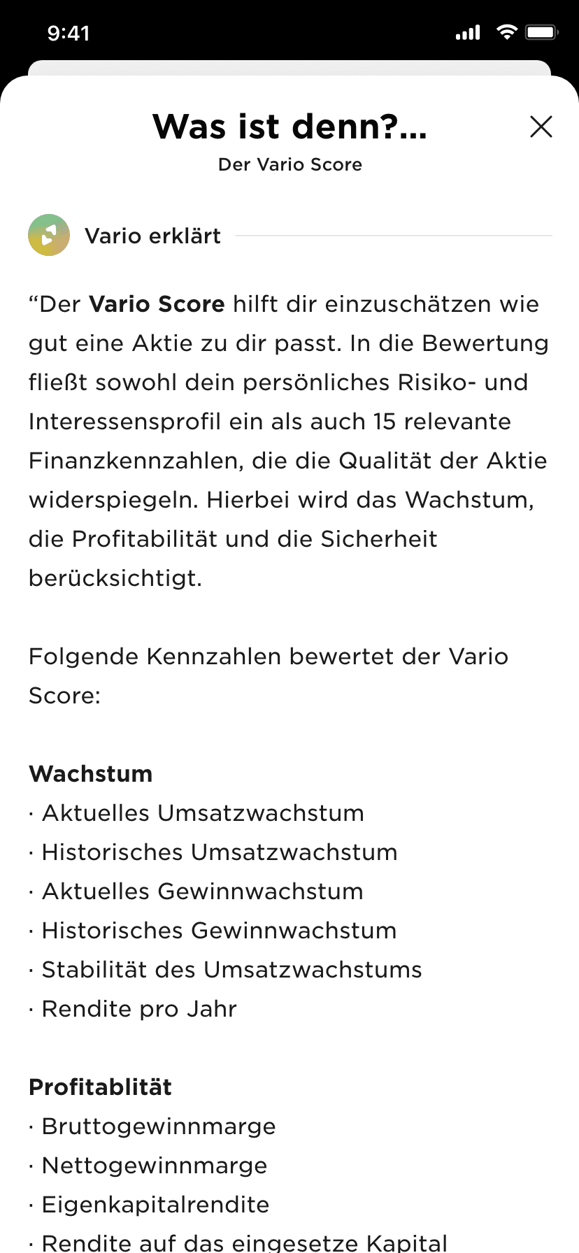 Vario app explanation sheet for the Vario Score metrics
