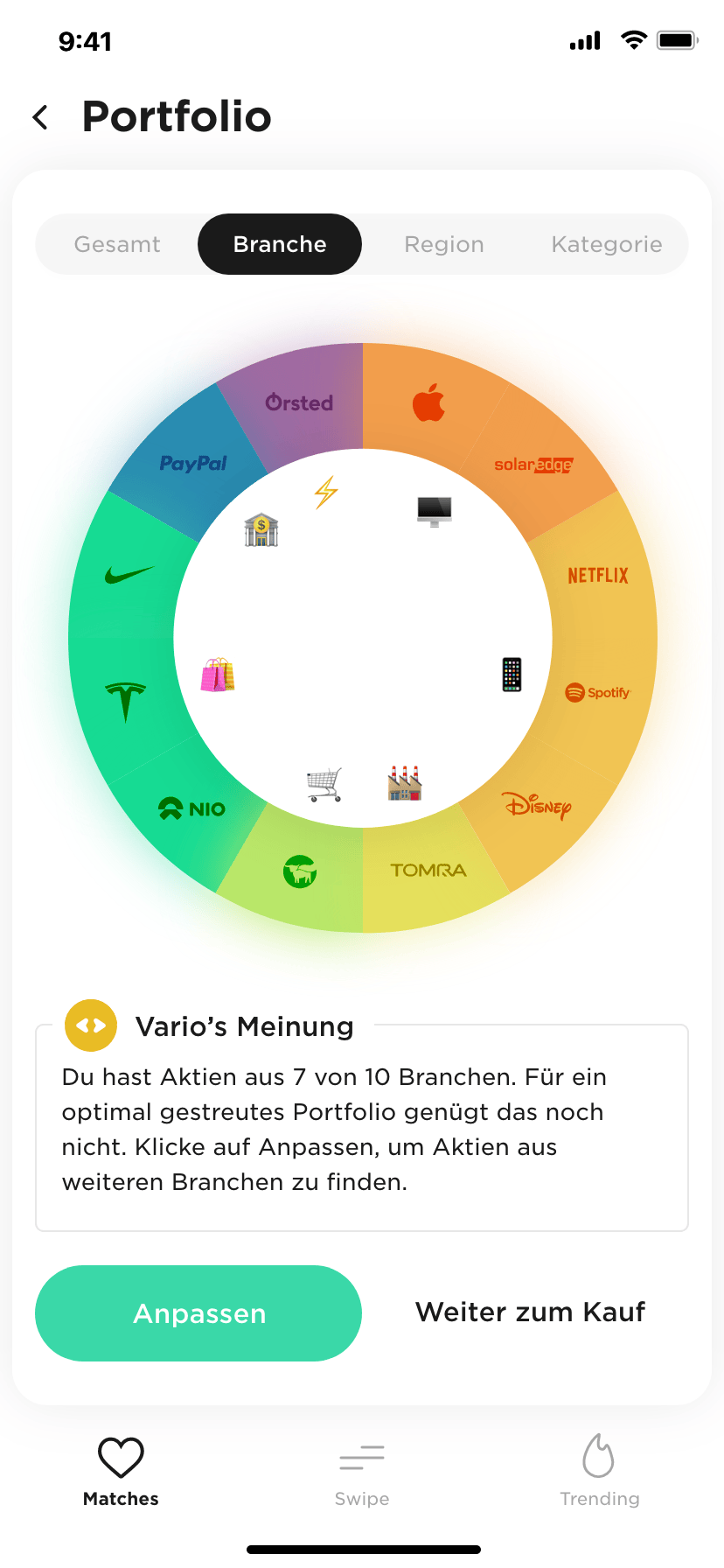 Vario app portfolio diversification view by industry