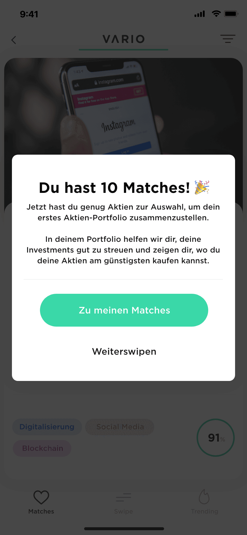 Vario app feedback message celebrating ten matches