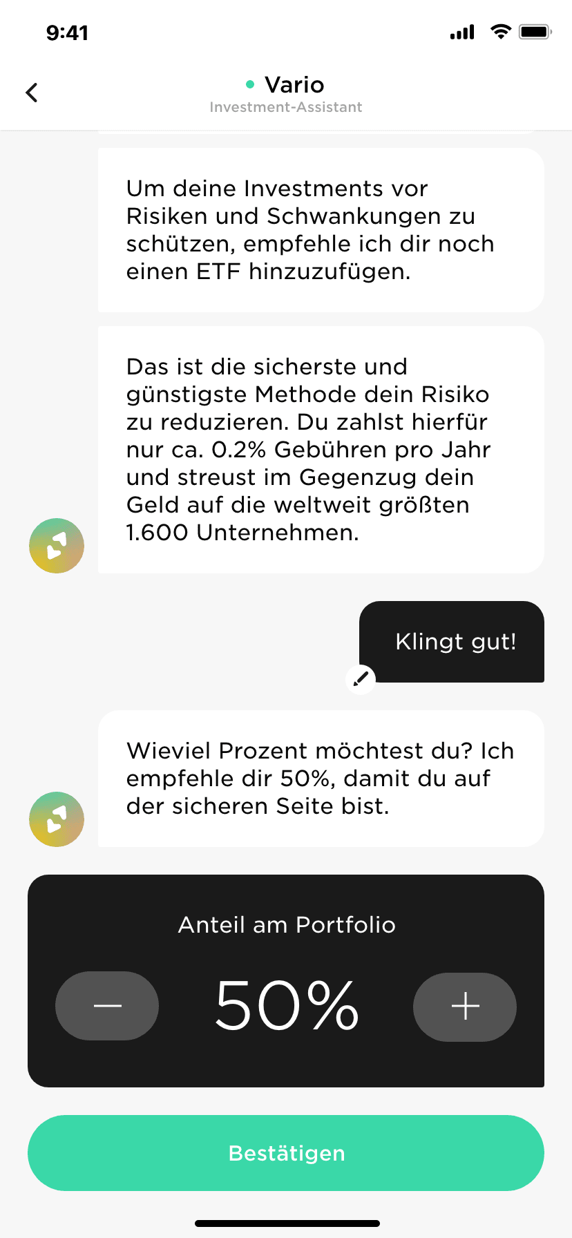 Vario app assistant recommending an ETF share of the portfolio