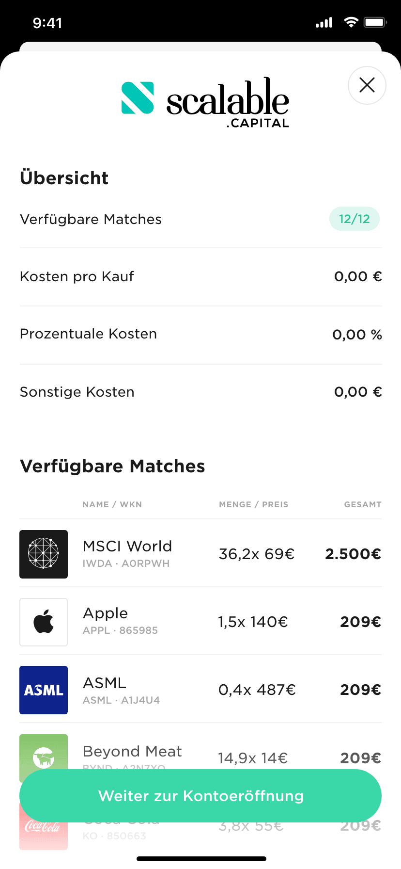 Vario app broker overview with matched stocks and costs