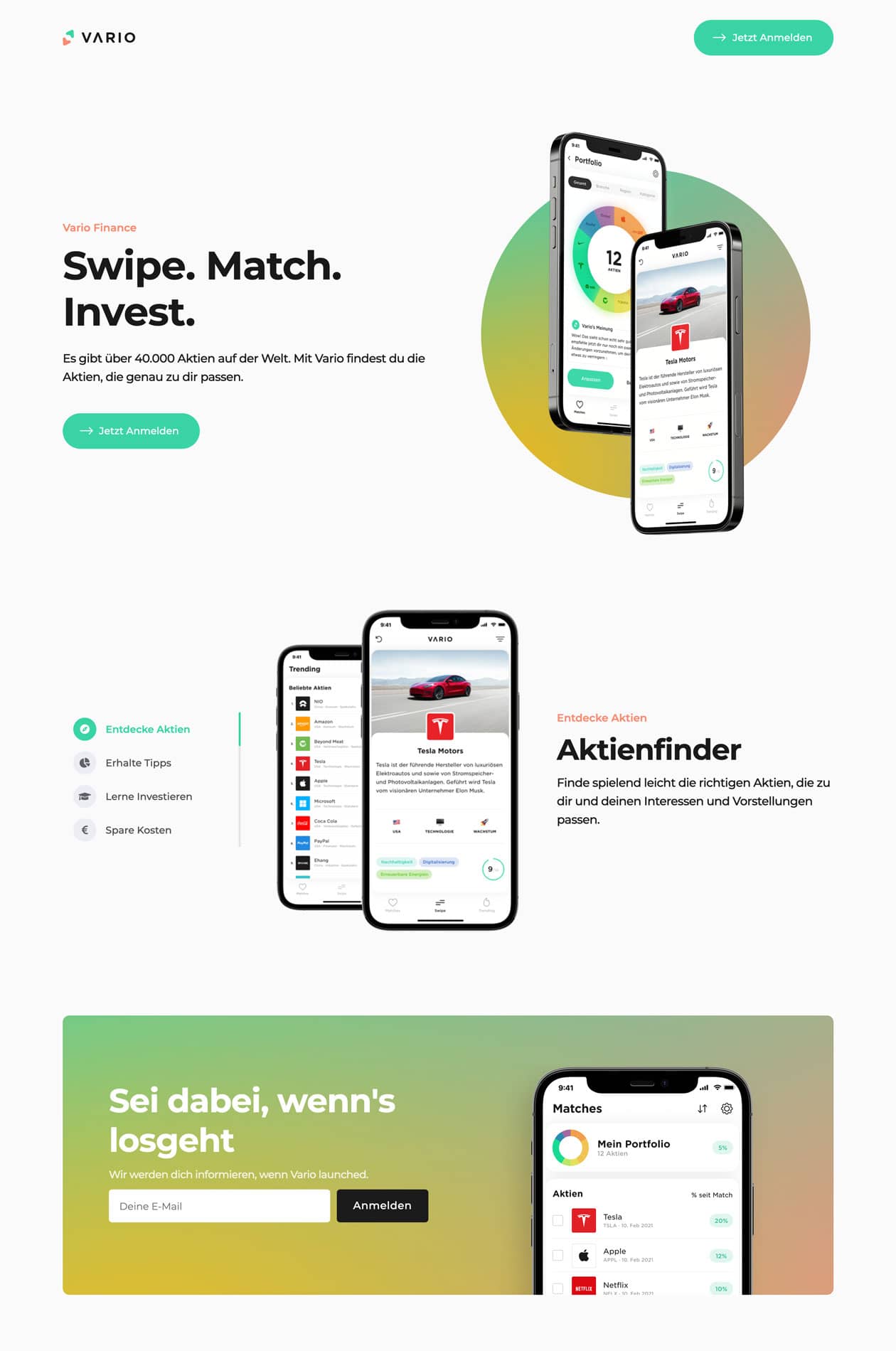 Vario marketing website with the slogan Swipe. Match. Invest.